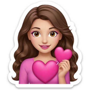 girl with long wavy brown hair, brown eyes, long lashes makeup, sexy pink lips, light to medium complexion, wearing a pink sexy top, smiling, holding a big heart sticker