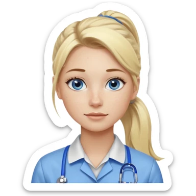 Just a head, blonde hair with lowlights in a ponytail, blue eyes, some freckles, a little older female ready to get some tasks done at work sticker