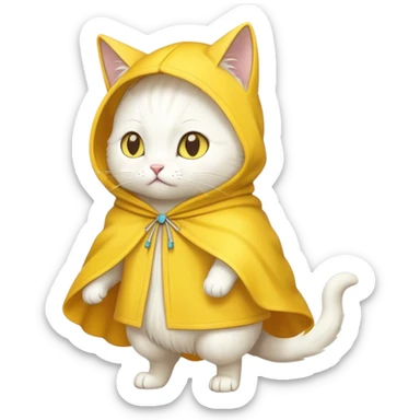 White cat on two legs wearing yellow hooded cloak sticker
