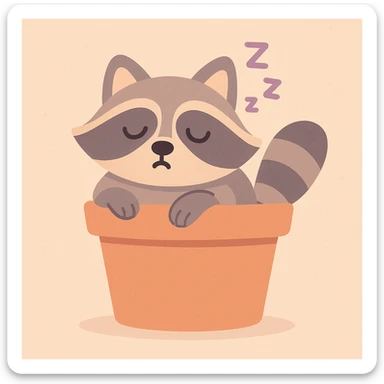 Sleepy raccoon inside a flower pot, pastel earthy colors, soft pastel colors, high-quality design, pastel-toon style sticker