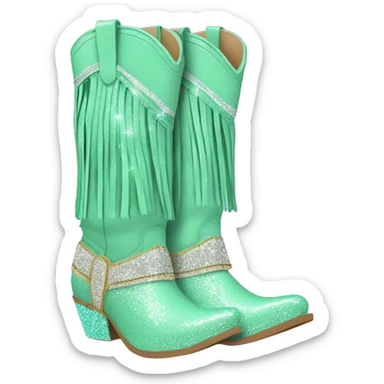 Realistic mint green fashion cowgirl boots with sparkly shiny glitter fringe on them. sticker