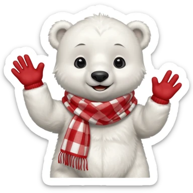 baby Polar Bear, smiling, hi five, wearing red Checkered Triangle scarf sticker