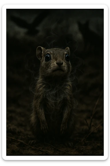 A hyperrealistic, cinematic illustration of a small wild animal, such as a rabbit or a meerkat, with wide, alert eyes and tense body posture, standing in a dry, rugged environment with predators lurking in the shadows. The animal's chest is visibly rising and falling rapidly, representing short, shallow breathing due to constant fear and vigilance. The background is dimly lit, with faint shadows of predators like hawks or foxes barely visible, symbolizing the ever-present threat. Around the animal, subtle visual representations of tension and stress appear as tight, dark rings or smoke near its chest and head, while the environment feels heavy and oppressive. The color palette is muted earth tones, with sharp focus on the animal’s tense face and rapidly moving chest, while the environment around is slightly blurred, emphasizing the feeling of isolation and perpetual fear. The style is 35mm film hyperrealistic with a storytelling, National Geographic documentary aesthetic, capturing the concept of an animal constantly living in fight-or-flight, breathing fast and shallow to survive sticker