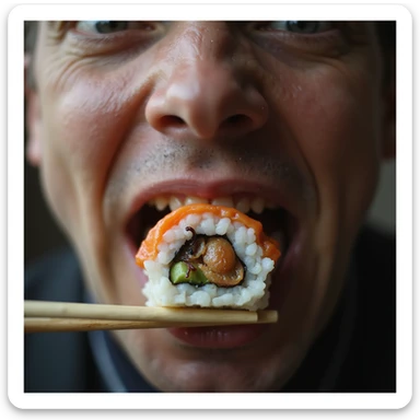 close-up of a man about to eat a piece of sushi with chopsticks, clearly showing parasites inside the sushi, disgusted or shocked expression, hyperrealistic, 4K details sticker