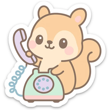 cute squirrel chatting on an old rotary phone, kawaii style sticker