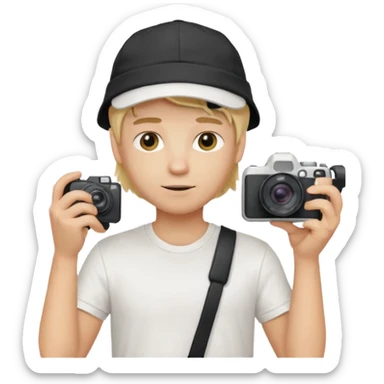 Young male, holding camera, white t-shirt, cap, blond hair sticker
