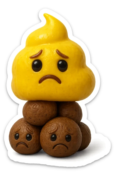 emoji stile iphone di una cacca giallina e liquida con espressione triste, sopra una montagnetta di feci a palline con espressione triste, iperrealistico 4k sticker