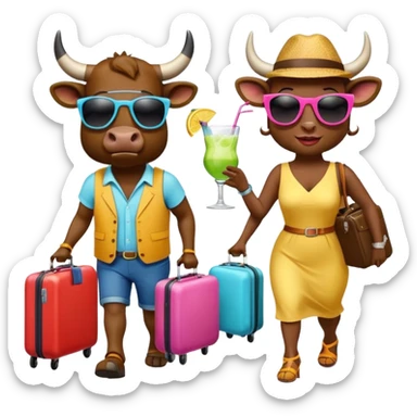 generate an emoji of a group of up to 8 male and female bulls travelling together on holidays. One bull has a suitcase, one has sunglasses, one is carrying a cocktail. They're all in motion, walking together. Make the characters look like bulls. They wear summer clothes sticker