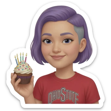 jewish asian woman with short shaved on one side purple and gray hair in ohio state shirt holding cupcake with a birthday cancle sticker