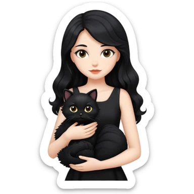a beautiful girl with long black hair and black furry cat. She is wearing a black dress and has wave-like hair sticker
