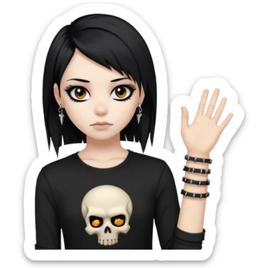 vkei styled black hair, pale skin, brown eyes with eyeliner (emo looking) and black shirt with skull and punk bracelets sticker