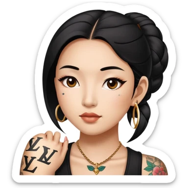 Asian woman with LV tattoo on left cheek sticker