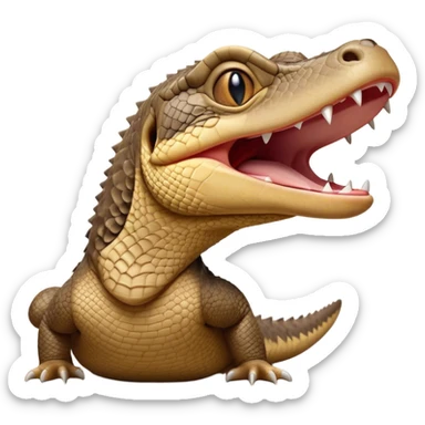 Cinematic Realistic Cute Yawning Monitor Lizard Portrait Emoji, Head tilted slightly with a dramatic, wide-open yawn, showcasing a soft, textured scaled hide with subtly drooping features and half-closed, drowsy eyes, rendered with meticulous natural detail and warm shadows, high shine, relaxed yet expressive, styled with a dash of desert charm, soft glowing outline, capturing the essence of a sleepy yet affectionate monitor lizard that appears ready to stretch out for a restful nap! sticker