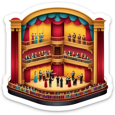 An icon depicting a theater stage with actors performing a play, illuminated by dramatic lighting. The audience watches from colorful balconies, while an orchestra plays in the pit, creating an immersive atmosphere. transparent background. sticker
