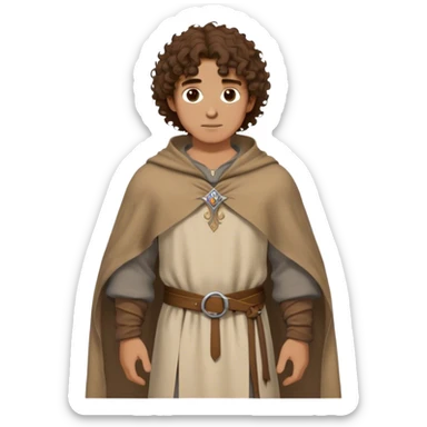 medieval outfit worn by a DnD themed fantasy character. basic linen tunic with a thick wool poncho draped over the shoulders. clothes only above the waist. The clothes full waist. The character's haven't arms. character is curly brown hair brown eyes medium-length hair tan-skinned man. sticker