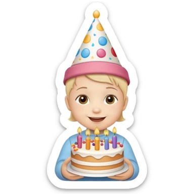 cute baby wearing birthday hat with birthday cake sticker
