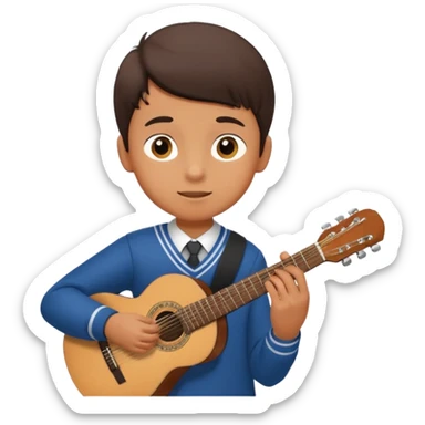 Teen boy – wearing school uniform, holding classical guitar, practicing chords. sticker