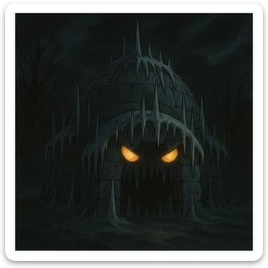 a scary igloo with sharp icicles and glowing eyes, spooky style, eerie atmosphere, dark tones sticker