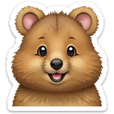 cinematic-realistic quokka-emoji,-small-round-frame, head tilted in an endearing manner, comical smile, round cheeks, giant-fluffy-cheeks-large-smile-fluffy-brown-fur-radiating-a-warm-softness,-big-round-eyes-filled-with-joy, realistic round  fluffy zoomed in, large black eyes one paw raised in the air sticker