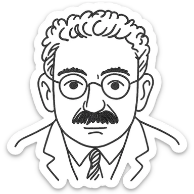 a hand drawn black outline portrait of Walter Benjamin with similar size eyes based a famous photograph of him sticker