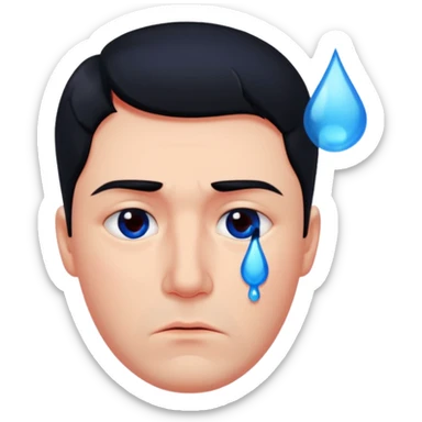 man with black hair. His face is intensely red, visibly flushed and over-reddened, as if he's been crying hard. His expression is sad, and a single blue clear tear flows down his cheek. sticker