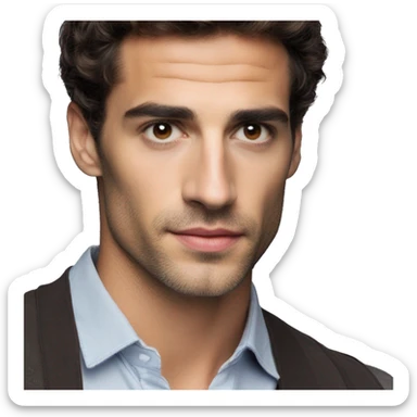 Manu Ríos Fernandez is a 6-foot-tall Spanish actor and model with a lean, athletic build. fair caucasian white skin, dark brown short hair, striking hazel eyes, sharp jawline, high cheekbones, full lips, boyish charm sticker