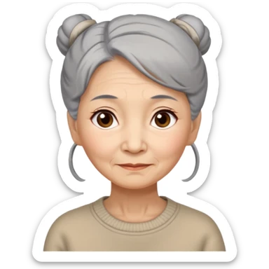 Elderly Chinese woman with gray hair tied in a bun, brown eyes with wise expression lines, beige sweater sticker