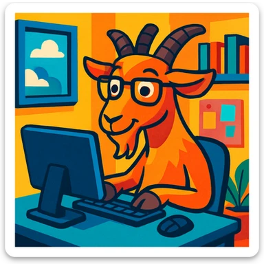 goat with glasses working on a desktop computer, vibrant toon style, detailed and playful sticker