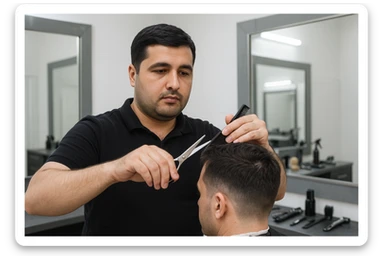 shu odamni sartaroshxonada mijozlarni sochini olayotganin  tasvirlab ber juda yosh ham katta ham bo'lmasin semiz ham bo'lib ketmasin sticker