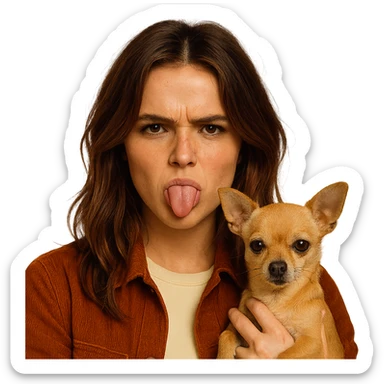 Create a portrait for an Instagram profile picture inspired by the facial features visible in the reference images. The subject has a tanned complexion with subtle freckles, wearing a shirt in color #FFF8CA and a rust-colored jacket. Hair is medium-length brown with auburn highlights. The expression is rebellious and playful. The subject is holding a beige-brown chihuahua. The style is inspired by a Netflix series, with an intimate and expressive atmosphere reminiscent of Tenerife. The background should be transparent. sticker