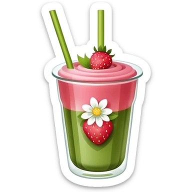 flower glass cup with strawberry matcha inside and straw sticker