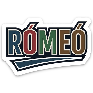 The name 'Rómeó' in a masculine, modern font with gradient colors including blue, gray, burgundy, green, and brown. The text uses precise Hungarian characters, has a dark outline, extra thick and prominent white letter border, and a dynamic slanted underline. Image size 1000x1000 px, PNG format, transparent background. sticker