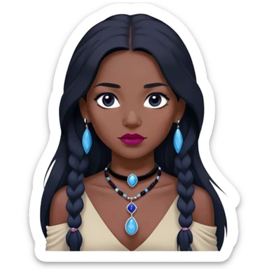 woman katara native american dark skin freckles dark black long hair reddish pink lipstick choker necklace with sapphire pendant sticker