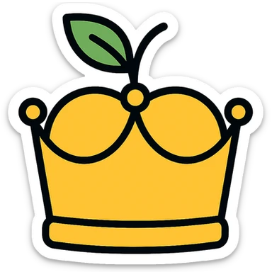 golden royal crown shaped like an apple, with a leaf on top, elegant and regal sticker