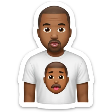 Kanye West with his tongue out, wearing a t-shirt that says 'I love my cousin' sticker