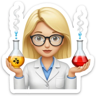 Eine hellblonde Chemikerin mit typischem Erlmeyerkoblben in der Hand und Chemiebrille auf sticker
