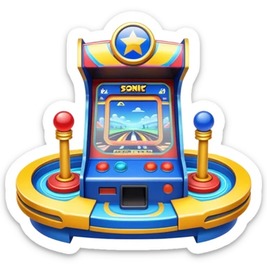 An icon representing an arcade game interface, inspired by Sonic. The design features colorful platforms, loops, and rings, with Sonic racing through a vibrant landscape. The iconic HUD elements, like score and timer, are visible. A transparent background. sticker
