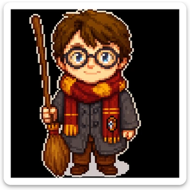 Add a broomstick to Harry Potter in pixel art style, keep round glasses and Gryffindor scarf sticker