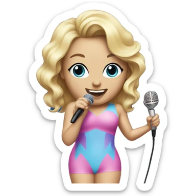 Blonde, caucasian singer wearing a pink and blue bodysuit and holding a microphone sticker