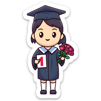 Cute Japanese high school girl in graduation ceremony with bouquet and diploma sticker