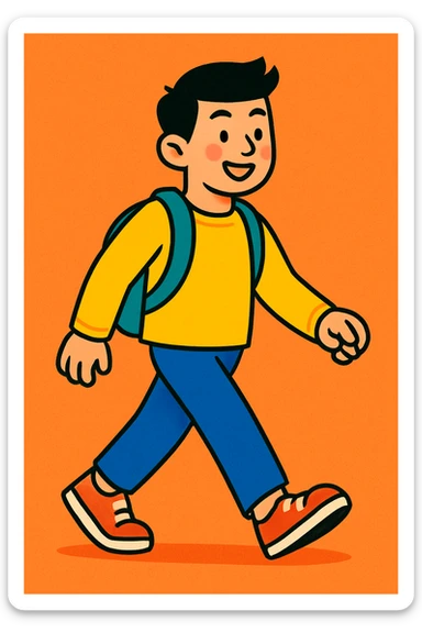 an Asian person walking, modern, friendly illustration style, vibrant cartoon style sticker