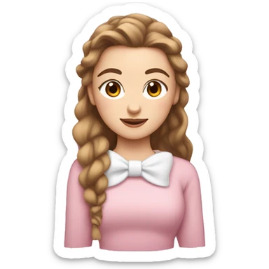 white girl with brown wavy hair in a pony tail with a white bow and a fringe, pink sweater sticker