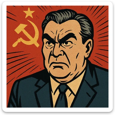 Soviet leader brezhnev looking angered with the communist flag in the background sticker