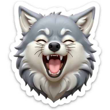 Cinematic Cute Yawning Wolf Portrait Emoji, Head tilted slightly with a dramatic, wide-open yawn, showcasing a smooth grey and white Fur with drooping ears, round eyes barely open in drowsy contentment, Simplified yet irresistibly adorable features, highly detailed, glowing with a soft, cozy glow, high shine, relaxed yet expressive, stylized with a touch of wild whimsy, bright and endearing, soft glowing outline, capturing the essence of a sleepy yet affectionate wolf, so drowsy it feels like it could stretch out of the screen and curl up for a nap! sticker