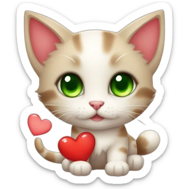 Super cute kitten with green anime eyes holding red hearts sticker