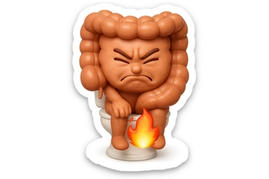 SU QUESTO STILE FAI UN EMOJI STILE IPHONE 3D DI UN INTESTINO CHE sta seduto sul wc e dal wc in mezzo alle sue gambe esce una fiamma stile emoji iphone, FAGLI UN ESPRESSIONE di dolore mentre si sforza E FALLO MOLTO REALISTICO IN 3D sticker