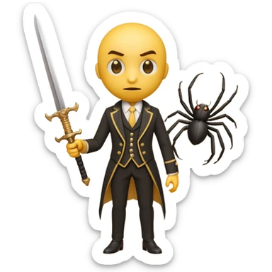3d yellow emoji character in victorian suit nervously holding a tiny sword, facing a small cartoon spider, exaggerated brave face, retro 3d emoji render, simple white background sticker
