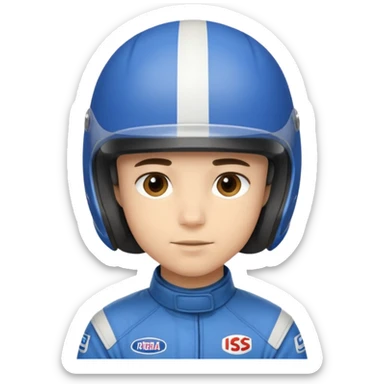 A light-skinned boy with short dark hair, wearing a blue racing helmet and an oval face with a neutral look. sticker