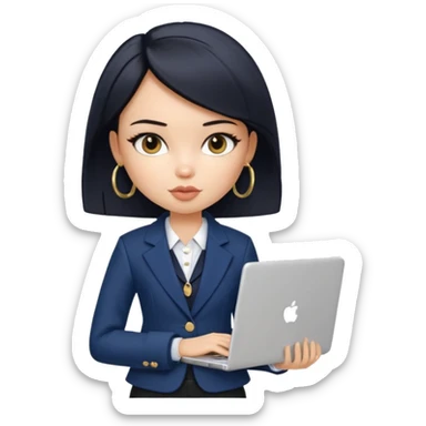 a pretty bratz girl with straight black short hair wearing a dark blue blazer and carrying a laptop. gold small hoops sticker