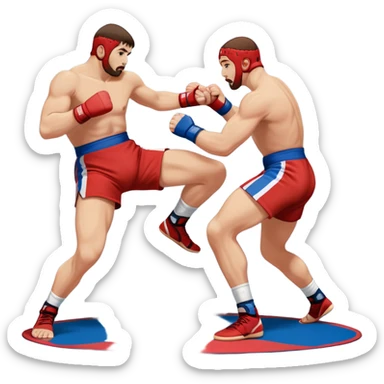 Two Sambo fighters in blue and red gis with shorts and wrestling shoes, executing gripping and throwing techniques. The fighters are engaged in a dynamic, action-packed moment with no strikes. The background features a wrestling mat, focusing on the technique and control. Transparent background  sticker